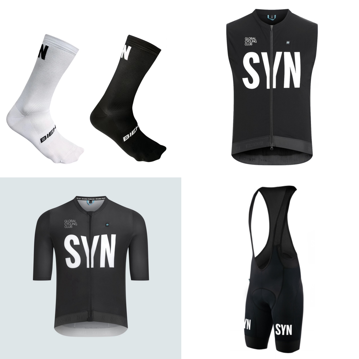 Cycling Gear Outfit - 夏用半袖自転車スーツ 2026 ブラックブルー SYN 便利なサイクリングジャージとビブショーツ 4点セット